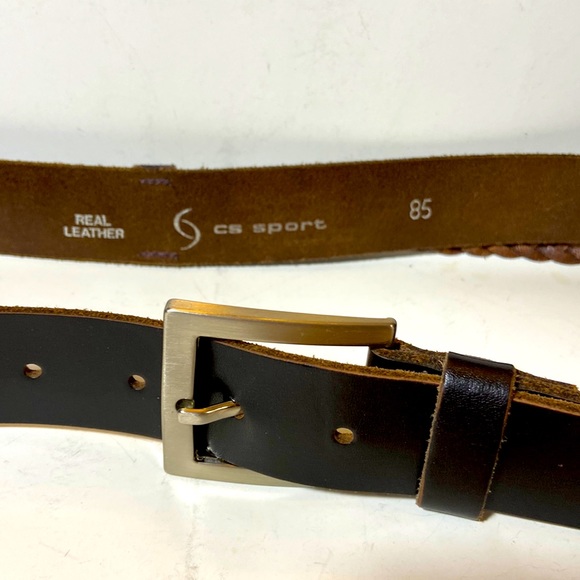 CS Sport Brown Saddle Leather sz 85 Belt w/Braided Accent Nickel Buckle Italy - Picture 1 of 6